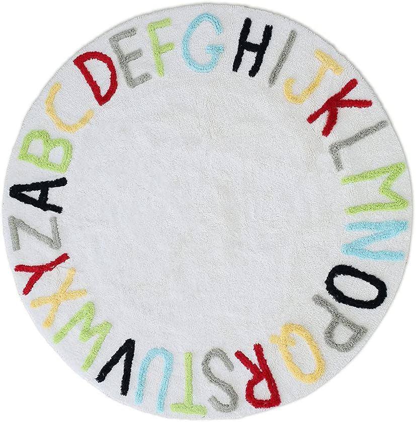 Round ABC Kids Carpet Children Educational Learn Fun Rug, Hand Woven Alphabet Baby Crawling Mat, Activity Centerpiece Play Mat - Ideal Gift for Boys Girls Bedroom Play/Game Room, Colorful