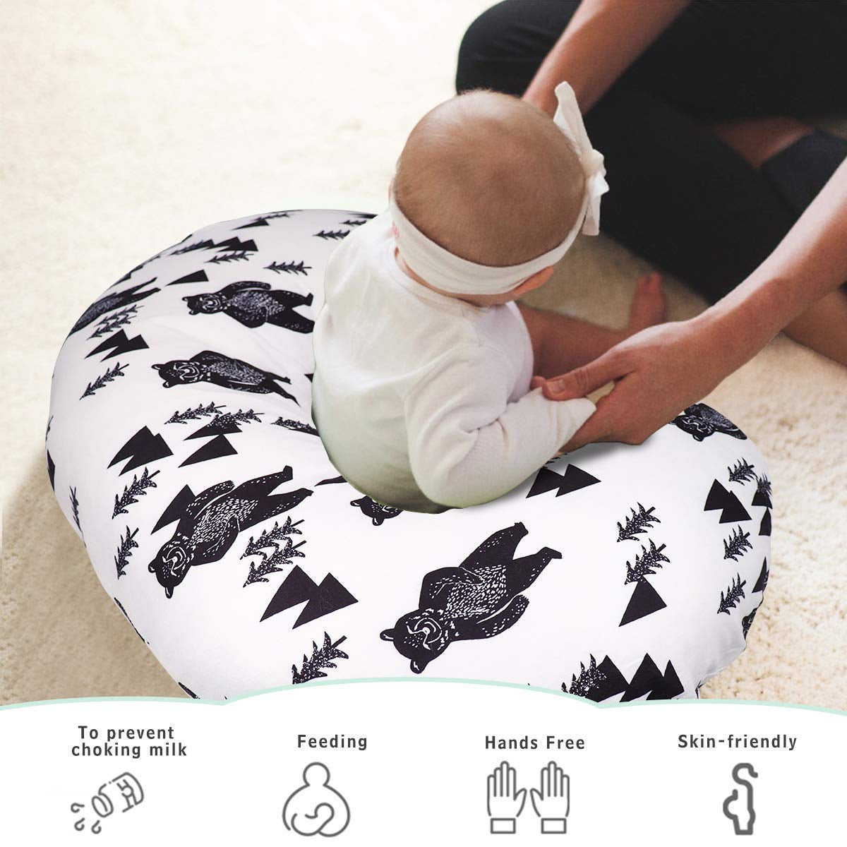 Bear Nursing Pillow Cover, Breastfeeding Pillow Slipcover for Baby Boys & Girls, Nursing Pillow Case for Newborn, Soft Fabric Fits Snug on Infant, Washable & Breathable, Black & White Animal