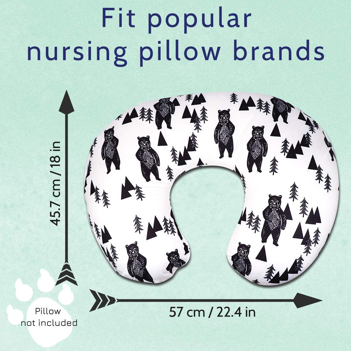 Bear Nursing Pillow Cover, Breastfeeding Pillow Slipcover for Baby Boys & Girls, Nursing Pillow Case for Newborn, Soft Fabric Fits Snug on Infant, Washable & Breathable, Black & White Animal