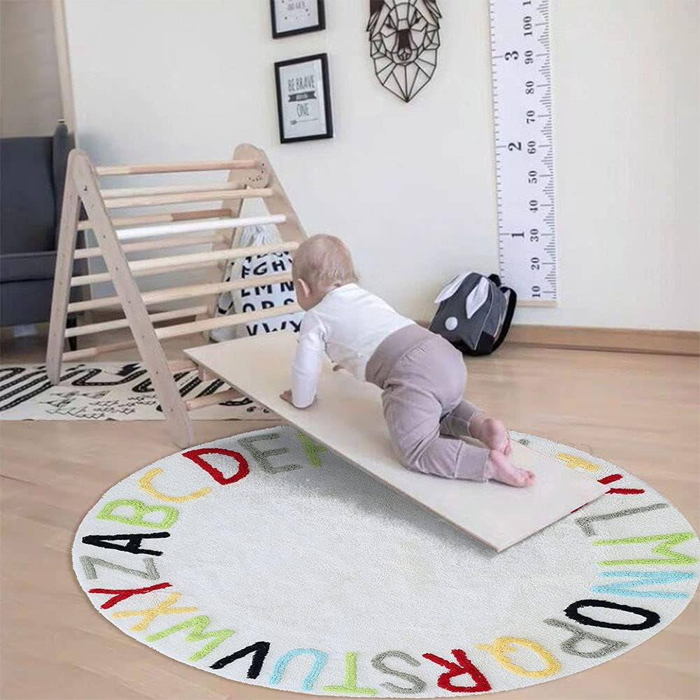 Round ABC Kids Carpet Children Educational Learn Fun Rug, Hand Woven Alphabet Baby Crawling Mat, Activity Centerpiece Play Mat - Ideal Gift for Boys Girls Bedroom Play/Game Room, Colorful