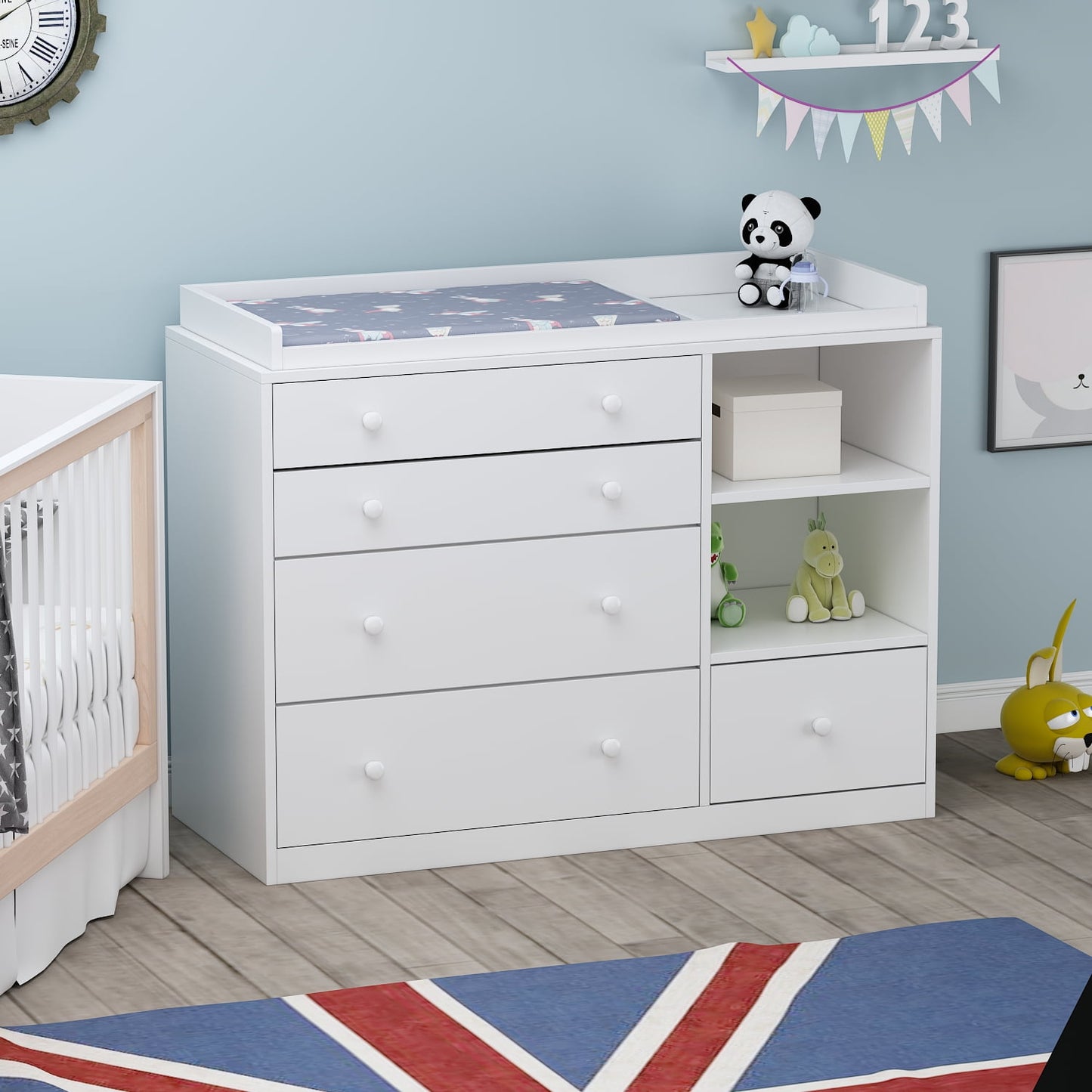 White Baby Dresser with Changing Table and 5 Drawers Baby Organizer Dresser Chest