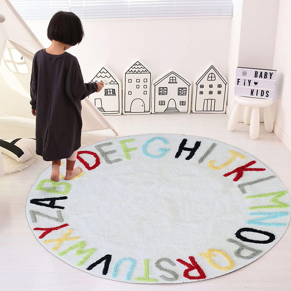 Round ABC Kids Carpet Children Educational Learn Fun Rug, Hand Woven Alphabet Baby Crawling Mat, Activity Centerpiece Play Mat - Ideal Gift for Boys Girls Bedroom Play/Game Room, Colorful