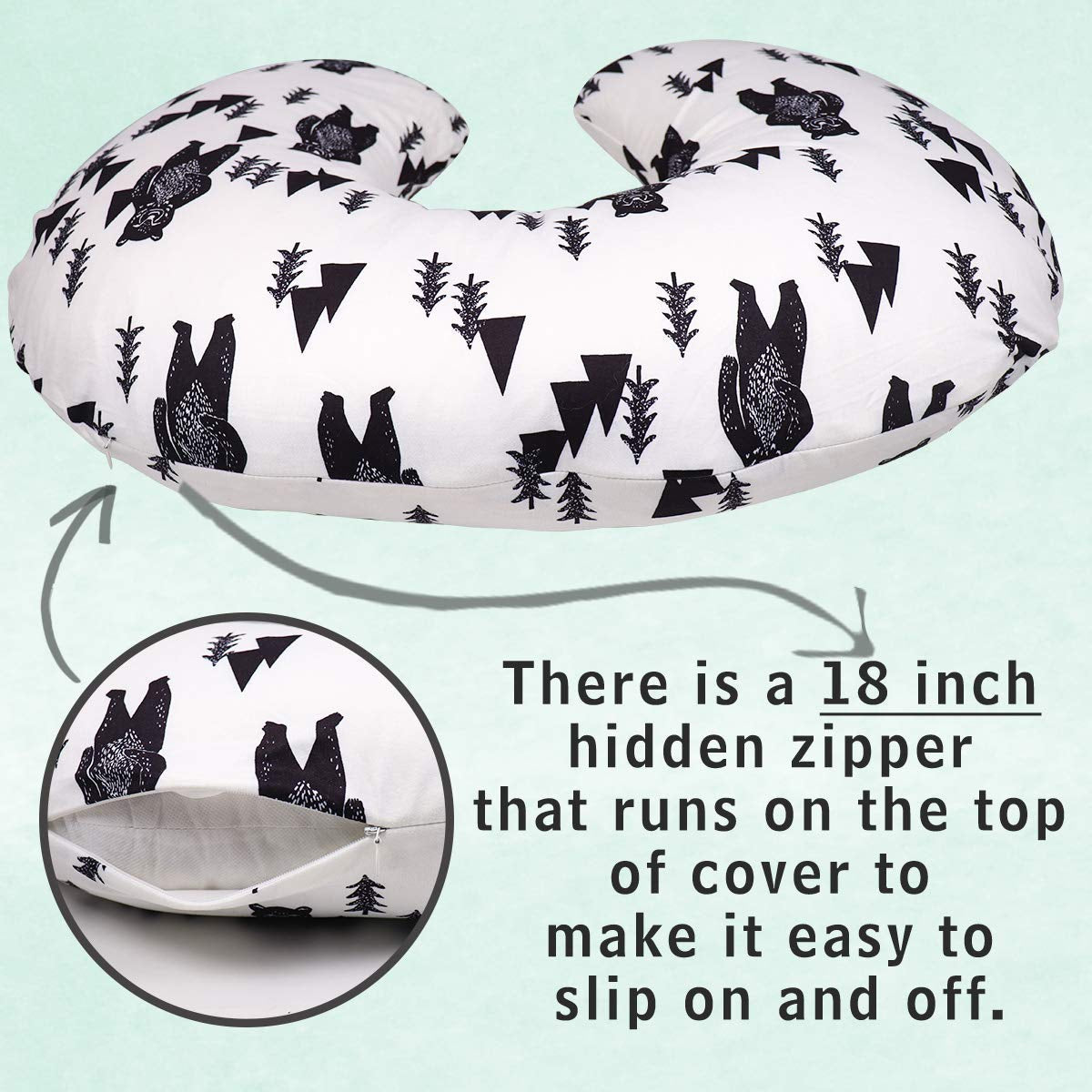 Bear Nursing Pillow Cover, Breastfeeding Pillow Slipcover for Baby Boys & Girls, Nursing Pillow Case for Newborn, Soft Fabric Fits Snug on Infant, Washable & Breathable, Black & White Animal