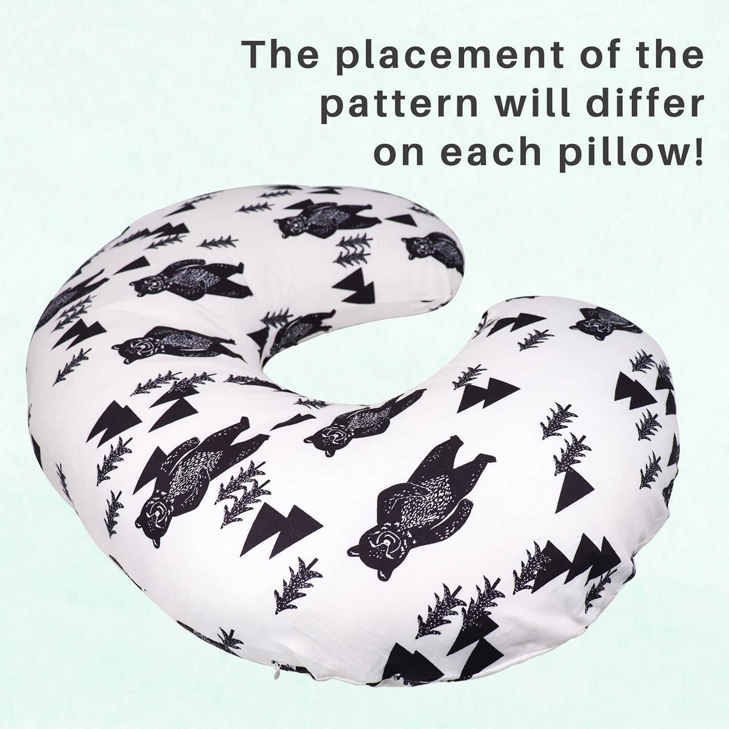 Bear Nursing Pillow Cover, Breastfeeding Pillow Slipcover for Baby Boys & Girls, Nursing Pillow Case for Newborn, Soft Fabric Fits Snug on Infant, Washable & Breathable, Black & White Animal