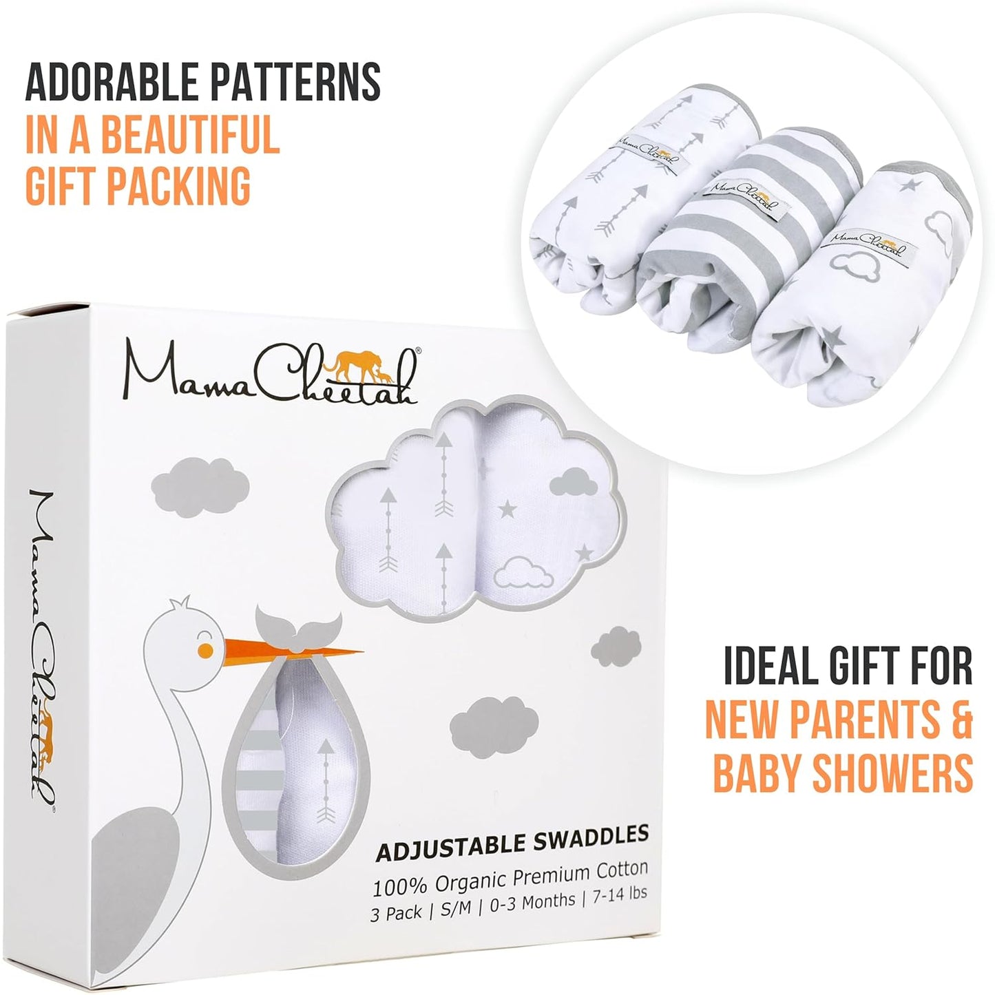 Organic Baby Swaddle Blanket, Adjustable Newborn Swaddle Sleep Sacks, Easy Swaddles for Boys and Girls 0-3 Months, Nursery Swaddling Essentials, 3-Pack, Grey