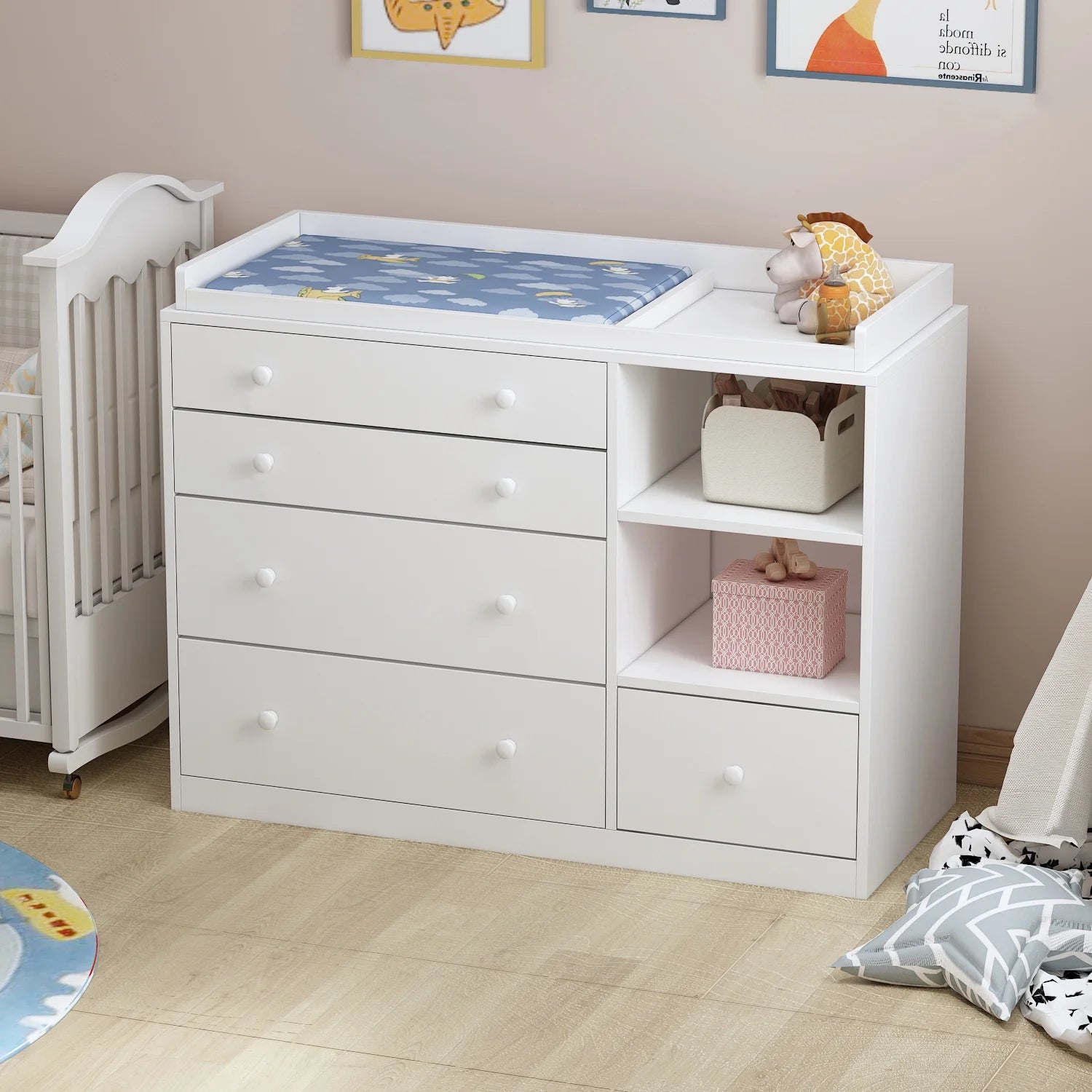 White Baby Dresser with Changing Table and 5 Drawers Baby Organizer Dr