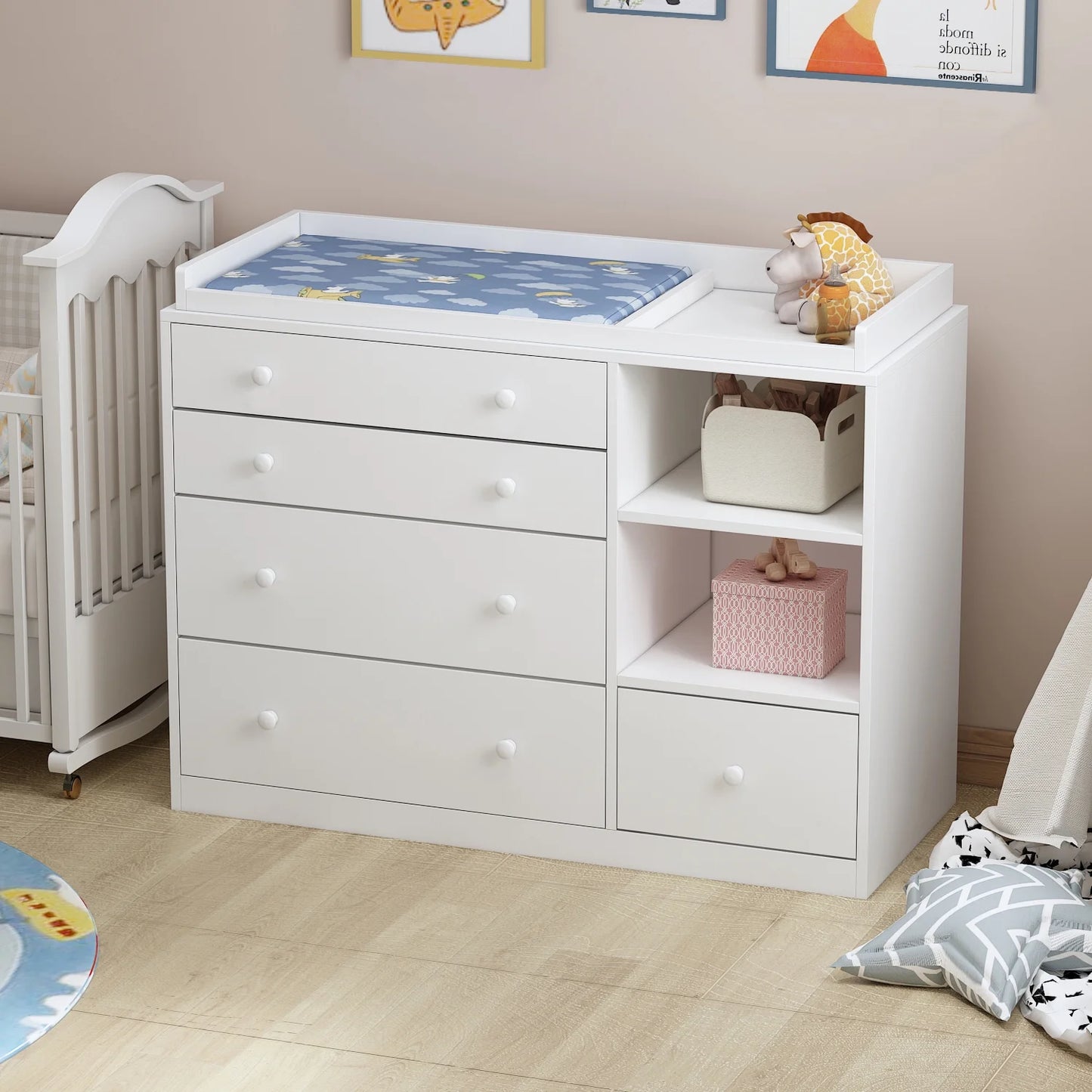 White Baby Dresser with Changing Table and 5 Drawers Baby Organizer Dresser Chest