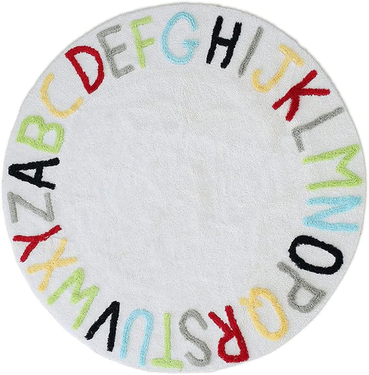 Round ABC Kids Carpet Children Educational Learn Fun Rug, Hand Woven Alphabet Baby Crawling Mat, Activity Centerpiece Play Mat - Ideal Gift for Boys Girls Bedroom Play/Game Room, Colorful