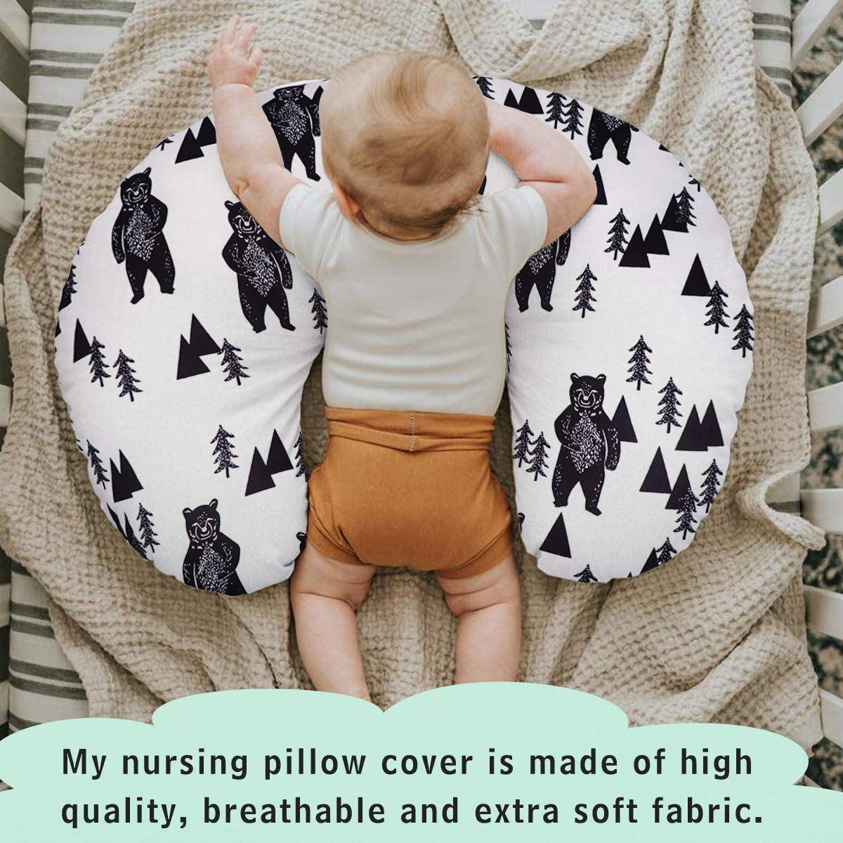 Bear Nursing Pillow Cover, Breastfeeding Pillow Slipcover for Baby Boys & Girls, Nursing Pillow Case for Newborn, Soft Fabric Fits Snug on Infant, Washable & Breathable, Black & White Animal
