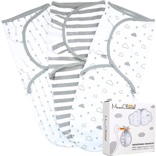 Organic Baby Swaddle Blanket, Adjustable Newborn Swaddle Sleep Sacks, Easy Swaddles for Boys and Girls 0-3 Months, Nursery Swaddling Essentials, 3-Pack, Grey