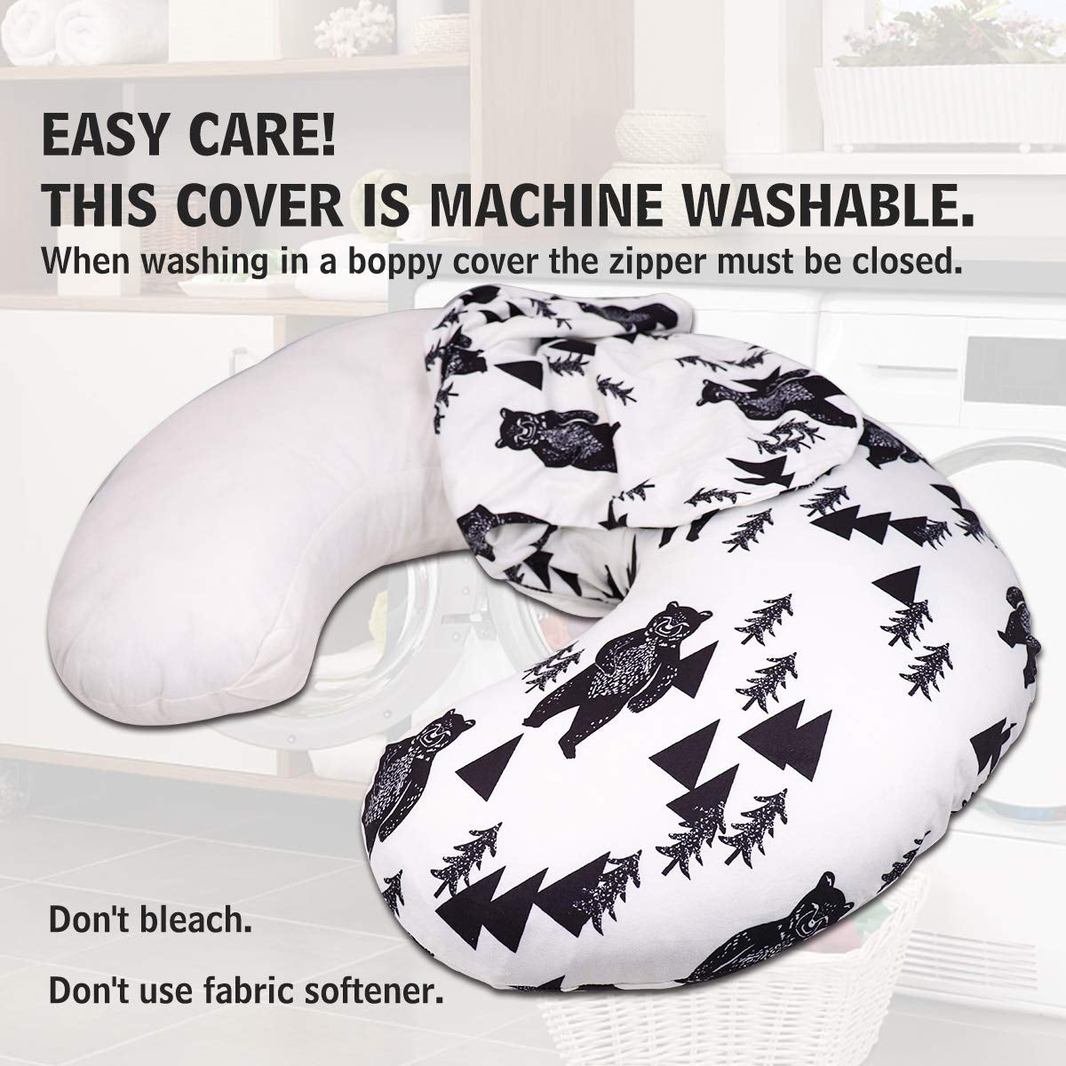 Bear Nursing Pillow Cover, Breastfeeding Pillow Slipcover for Baby Boys & Girls, Nursing Pillow Case for Newborn, Soft Fabric Fits Snug on Infant, Washable & Breathable, Black & White Animal