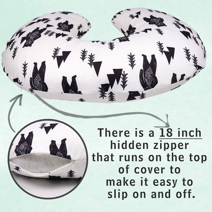Bear Nursing Pillow Cover, Breastfeeding Pillow Slipcover for Baby Boys & Girls, Nursing Pillow Case for Newborn, Soft Fabric Fits Snug on Infant, Washable & Breathable, Black & White Animal