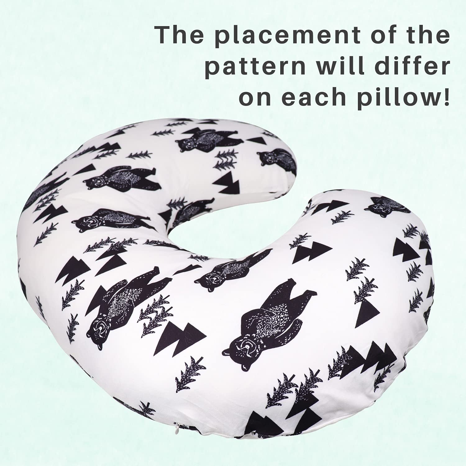Bear Nursing Pillow Cover, Breastfeeding Pillow Slipcover for Baby Boys & Girls, Nursing Pillow Case for Newborn, Soft Fabric Fits Snug on Infant, Washable & Breathable, Black & White Animal